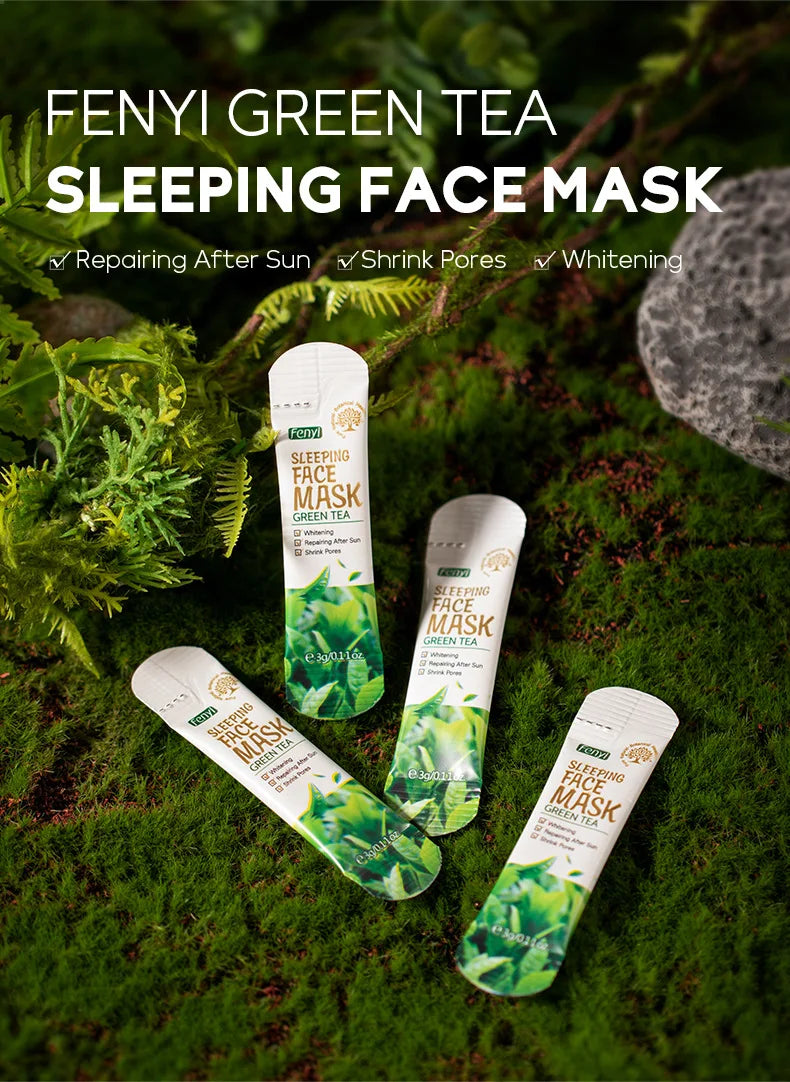 Fenyi Green Tea sleeping face mask packaging on a green leafy background