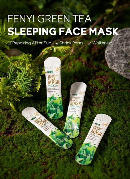 Fenyi Green Tea sleeping face mask packaging on a green leafy background