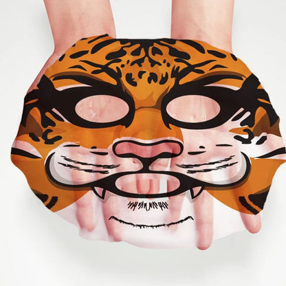 Person wearing a tiger face mask on a white background
