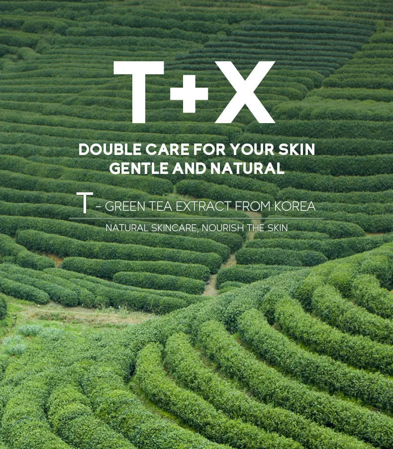 T+X skincare product with green tea field background