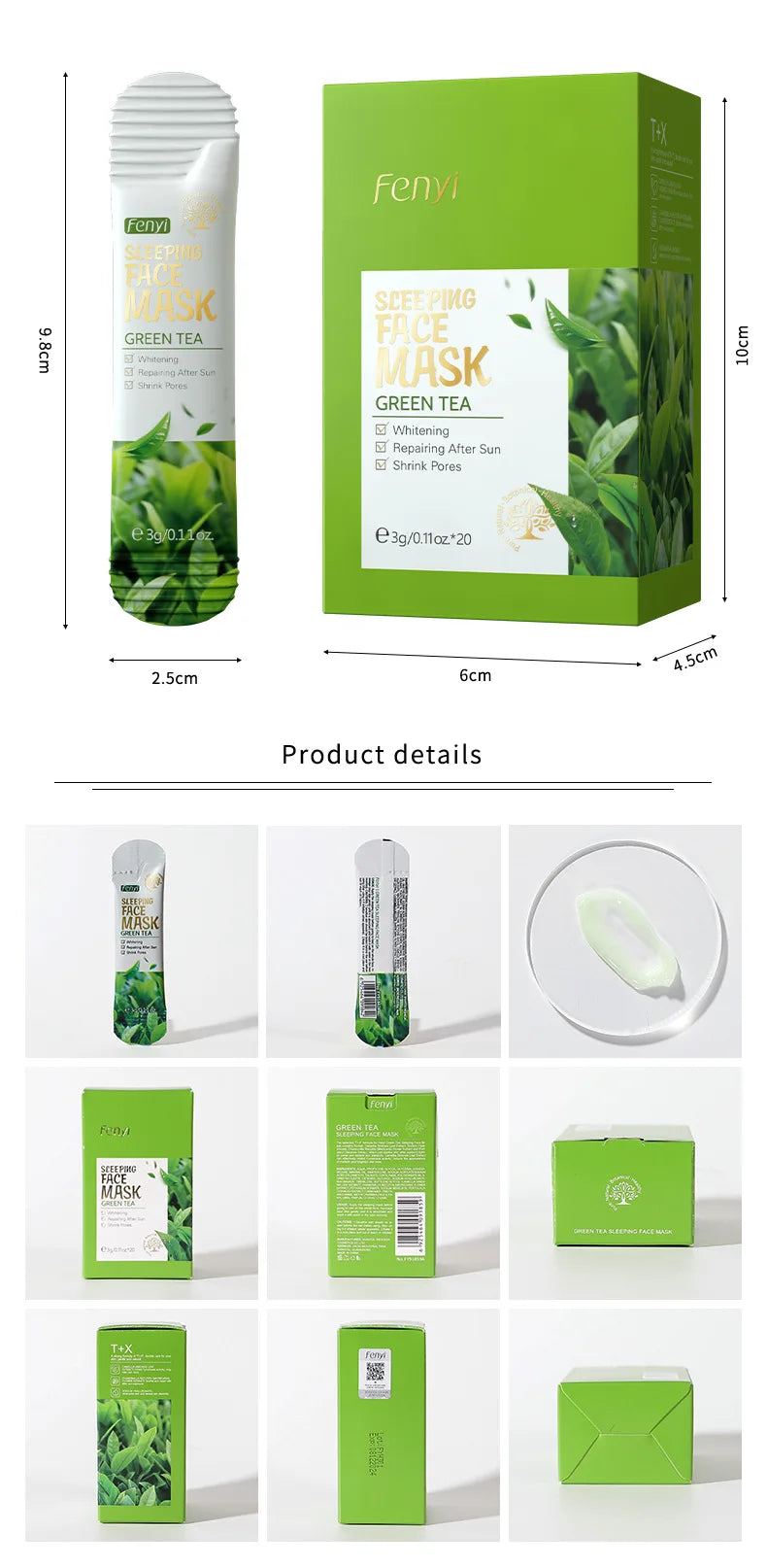 Green tea face mask packaging with dimensions and product details.