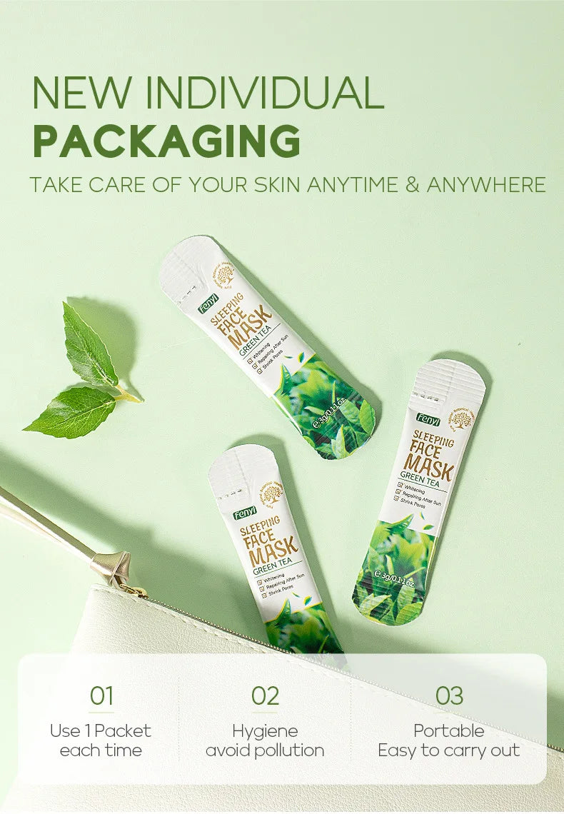 Sleeping Pack Face Mask packaging with green leaves on a light green background