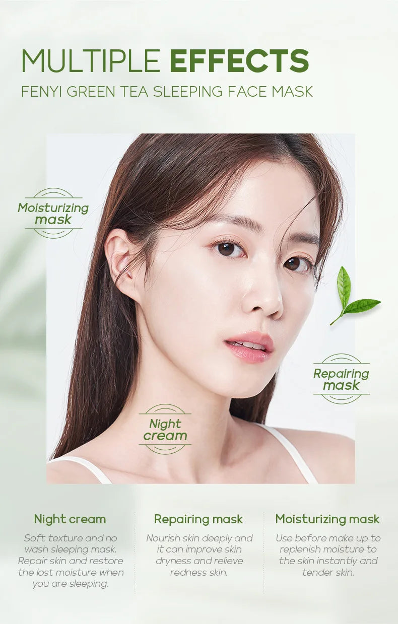 Advertisement for Fenyi Green Tea Sleeping Face Mask with a model and product features.
