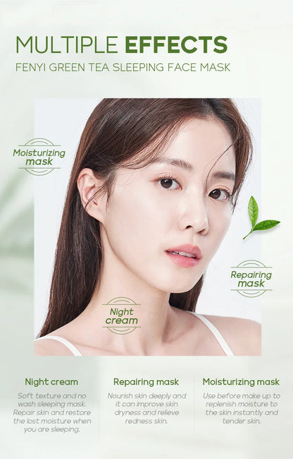 Advertisement for Fenyi Green Tea Sleeping Face Mask with a model and product features.