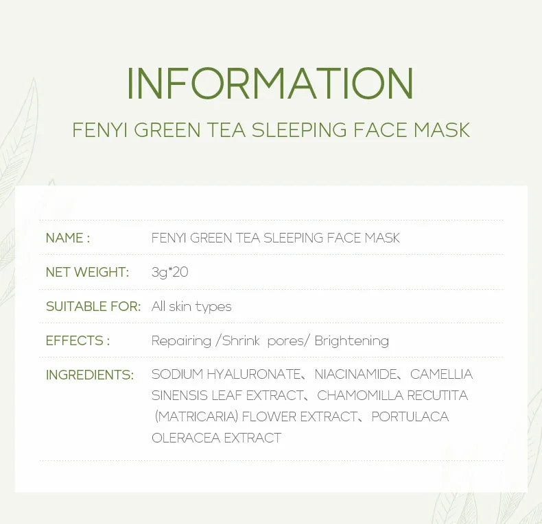 Product information card for Fenyi Green Tea Sleeping Face Mask on a white background