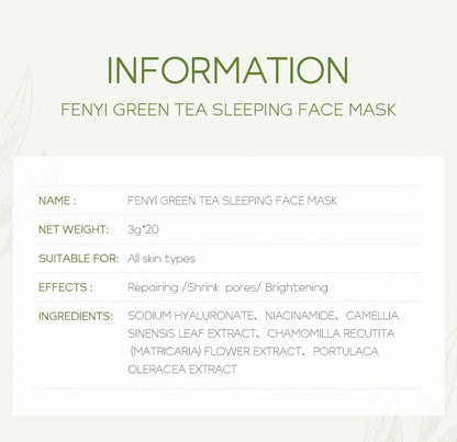 Product information card for Fenyi Green Tea Sleeping Face Mask on a white background