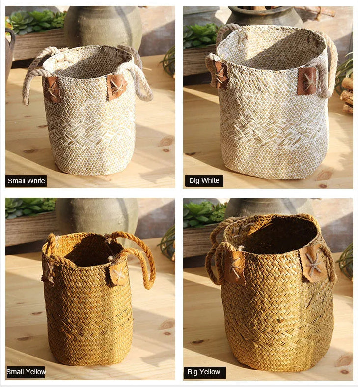 Woven baskets in small and big sizes in white and yellow on a wooden surface.