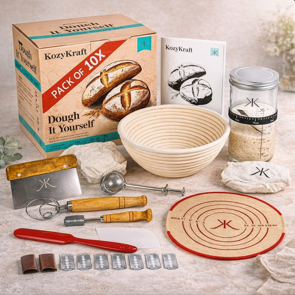 Bread-making kit with various tools and a dough basket on a light surface.