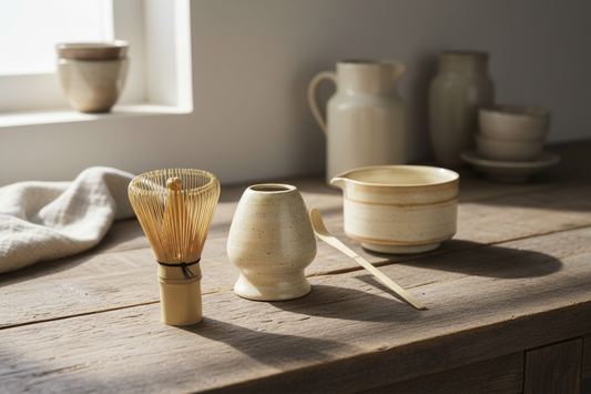 Set of Japanese tea-making tools including a whisk, chawan, and scoop on a white background