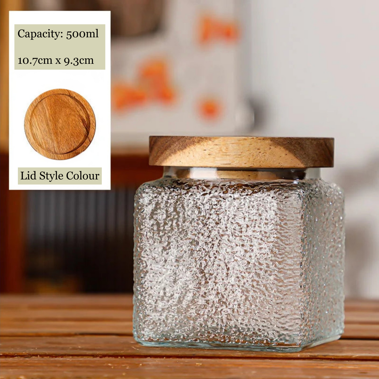 Glass jar with wooden lid on a wooden surface, with product details overlayed.