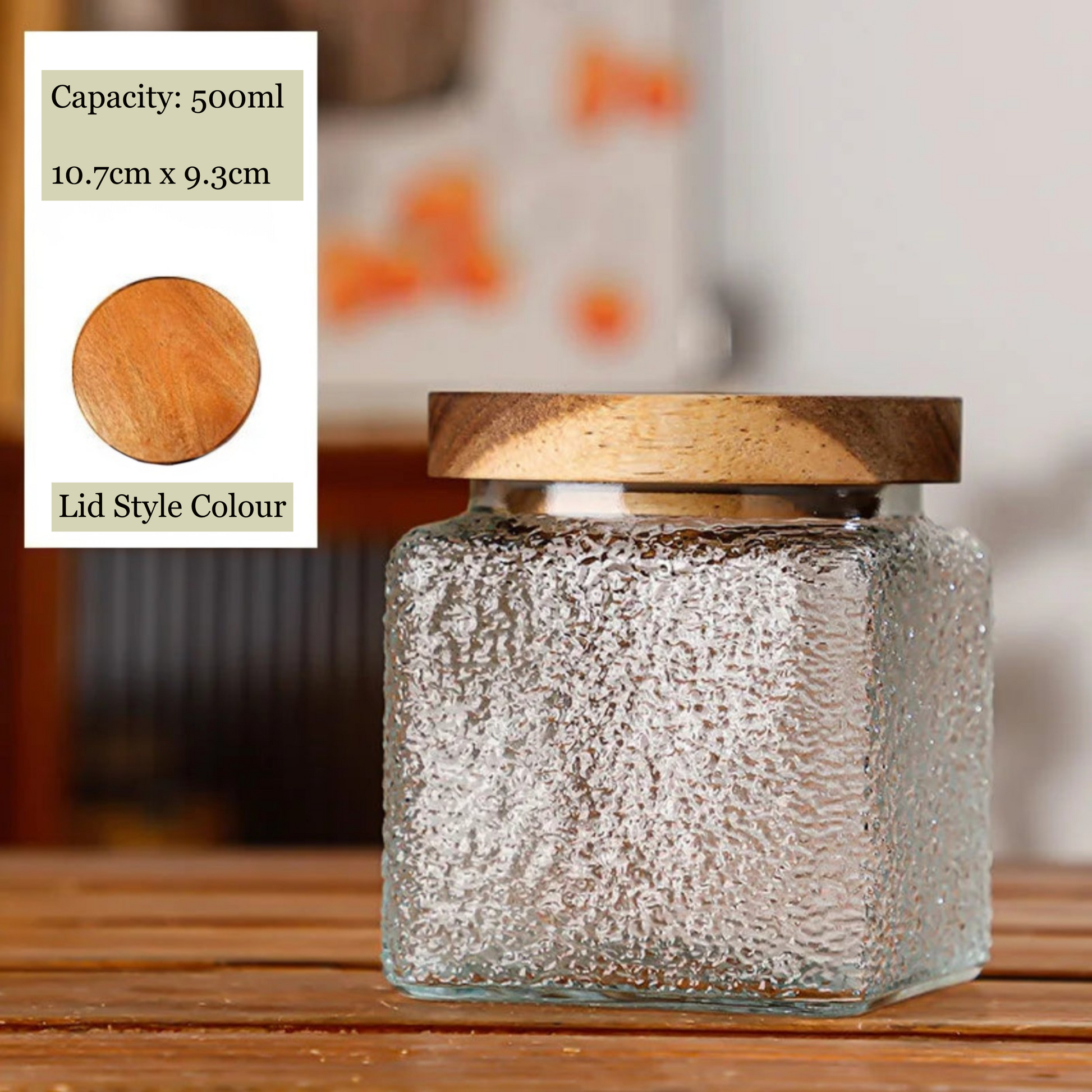 Glass jar with wooden lid on a wooden surface, with product details overlayed.