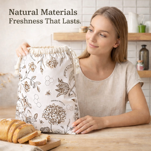Woman holding a floral-patterned bread bag with text 'Natural Materials Freshness That Lasts' in a kitchen setting.