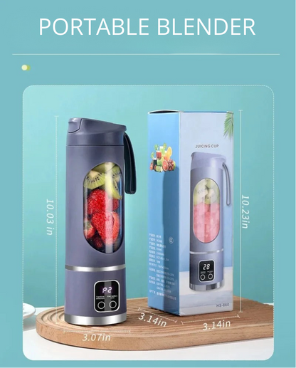 Portable blender with packaging on a light blue background