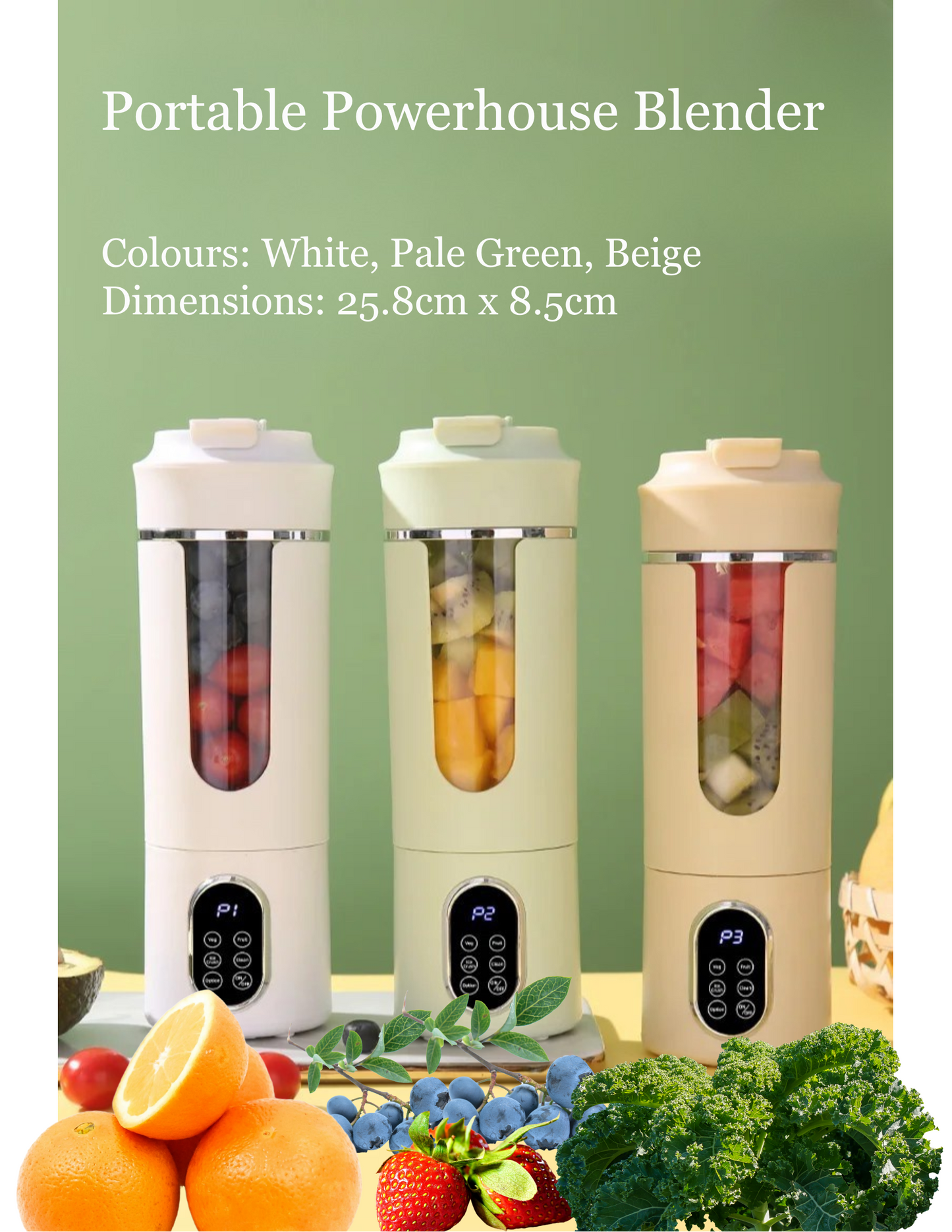 Portable blender with ingredients on a white background