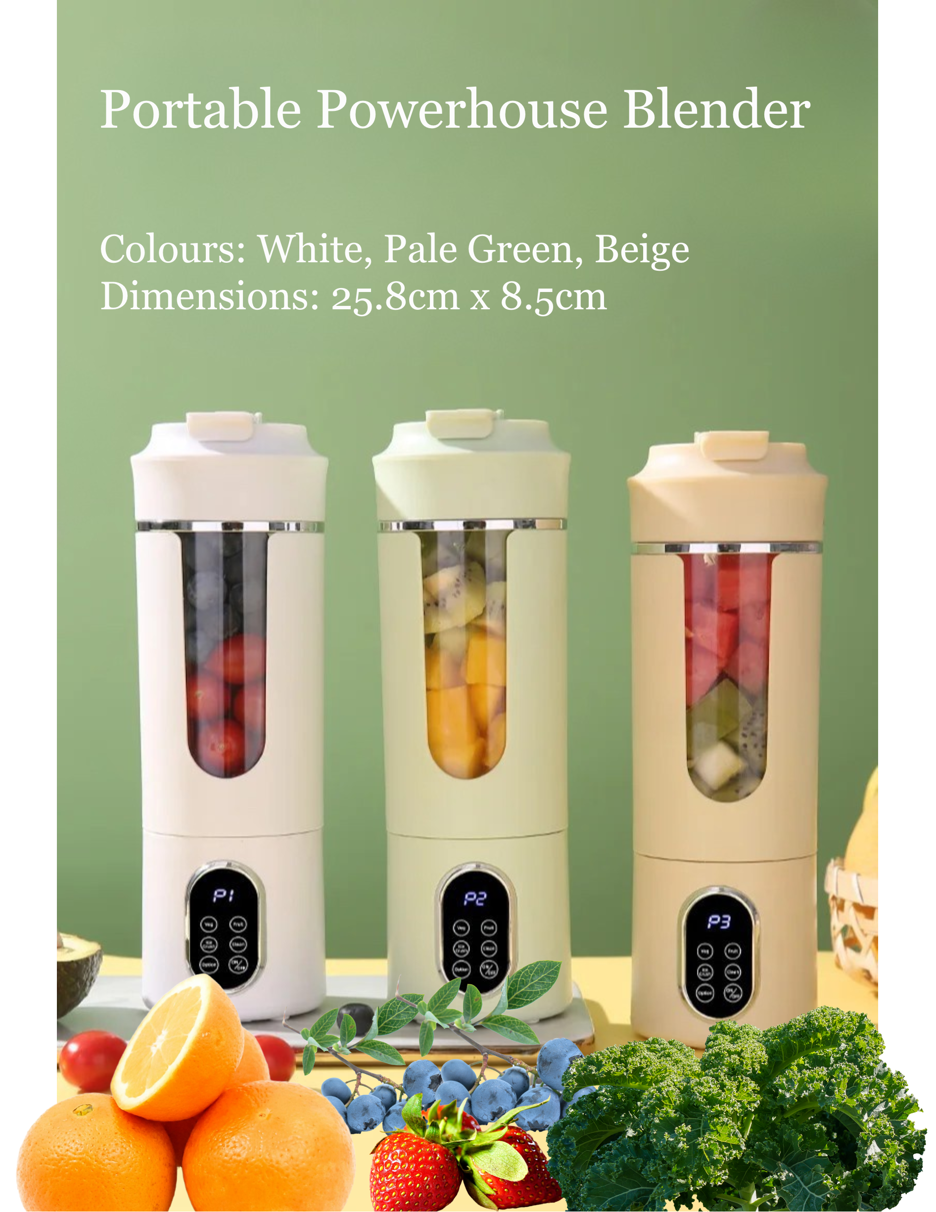 Portable blender with ingredients on a white background