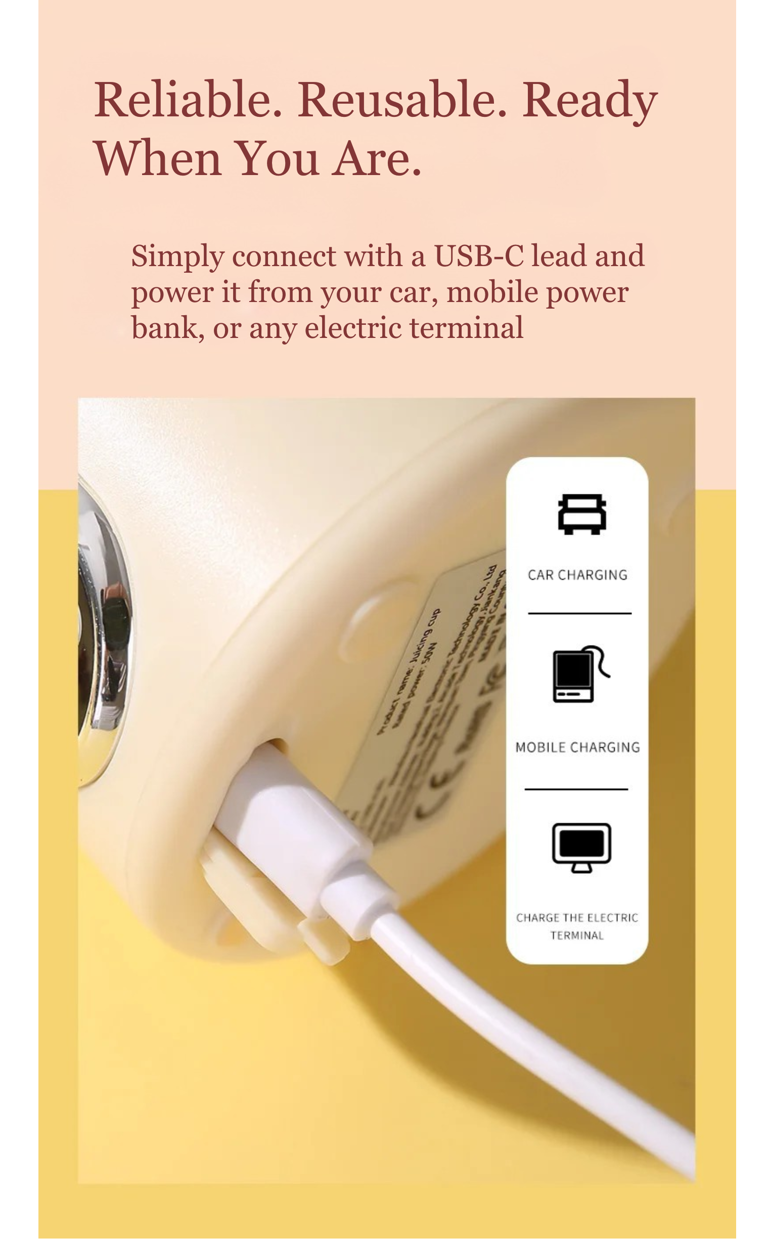 Product packaging with a USB-C cable and text on a pink and yellow background