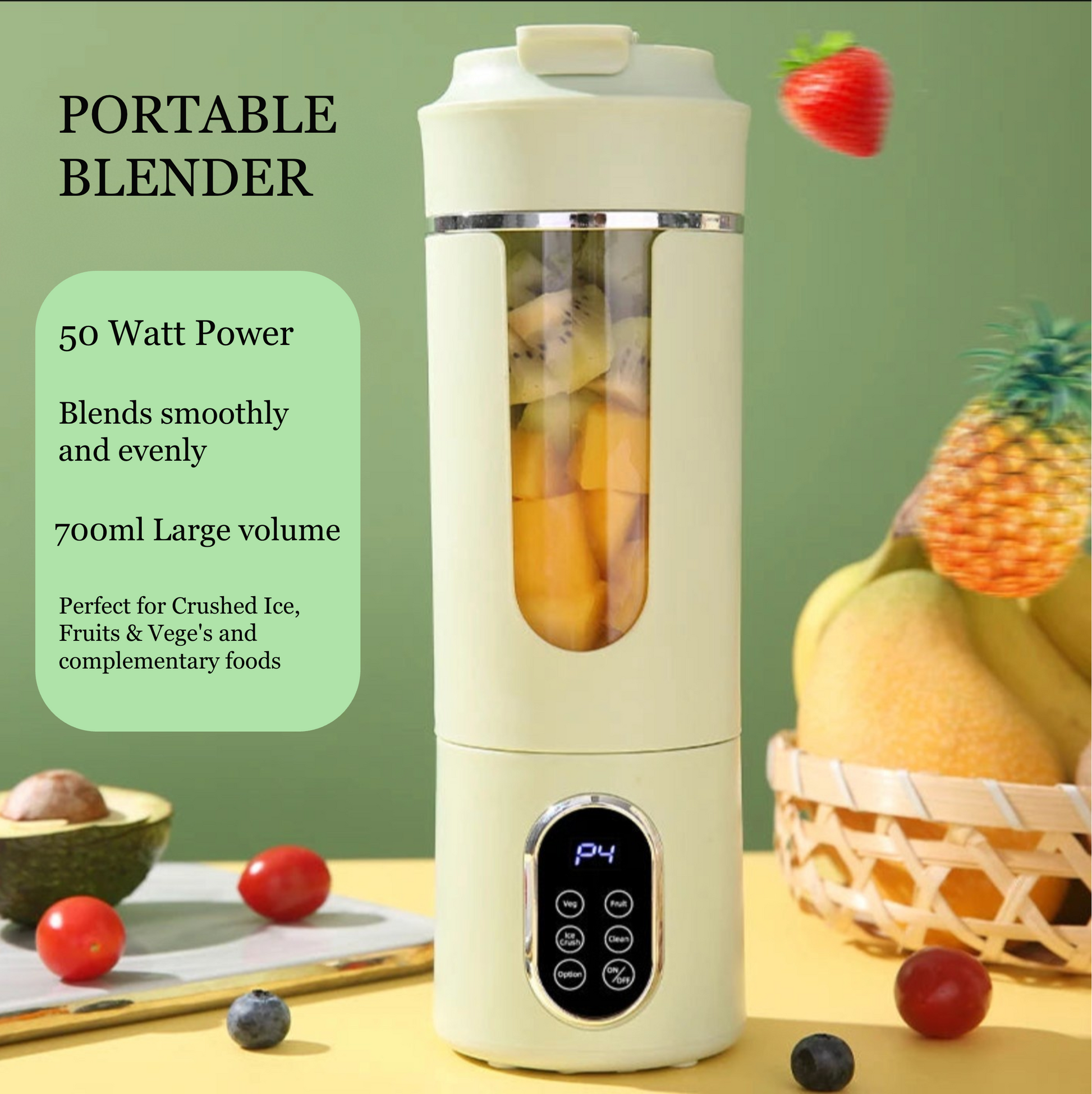 Portable blender with fruits and vegetables on a green background