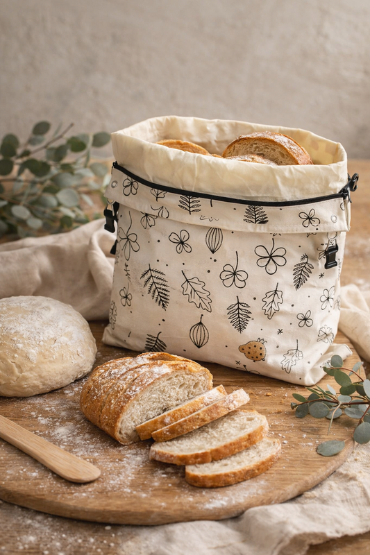 Fabric bag with bread slices on a wooden board with a neutral background