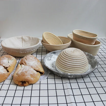 Baked bread and bread-making baskets on a checkered tablecloth
