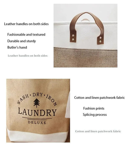Laundry bag with leather handles and text on fabric, featuring Butler's hand branding.