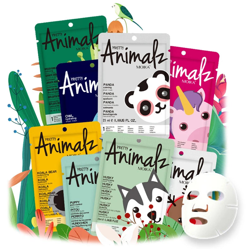 Collection of colorful 'Pretty Animalz' face mask packages with animal illustrations on a white background.