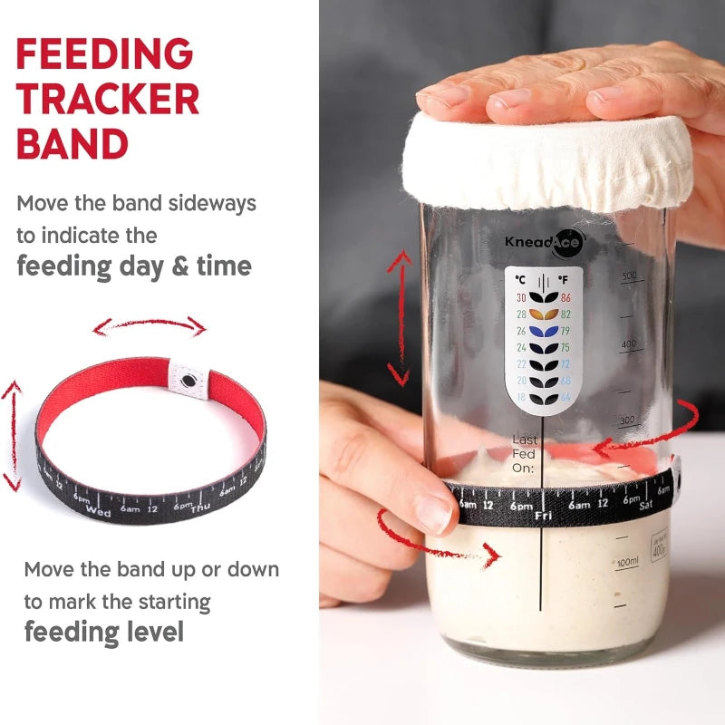 Feeding tracker band being used on a jar with instructions on how to use it.