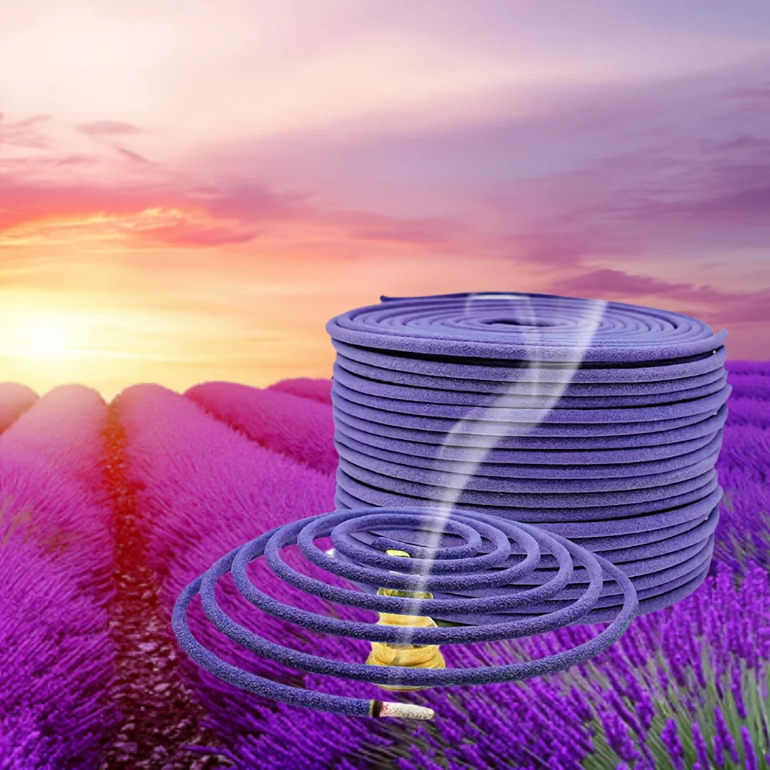 Coiled hose with lavender field and sunset in the background