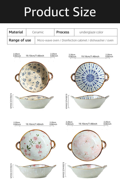 Ceramic bowls with floral patterns and measurements on a white background