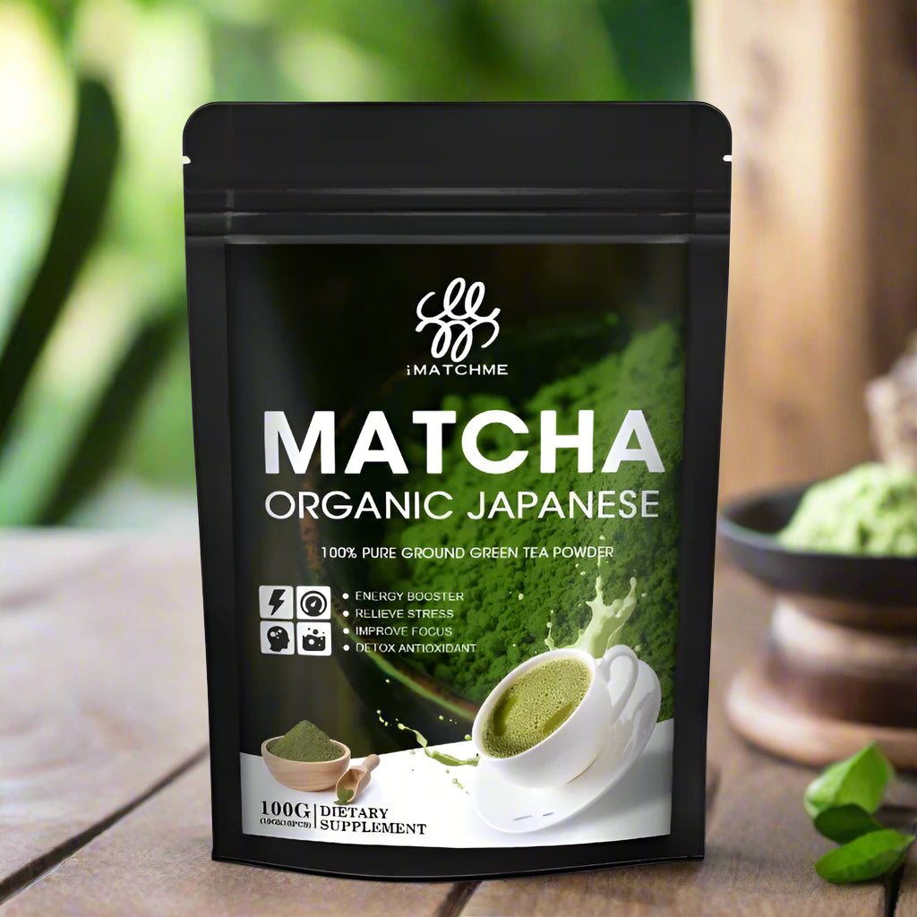 Matcha green tea powder package with branding and product details on a white background