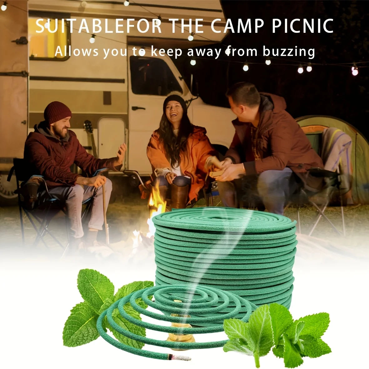 People sitting around a campfire with a coiled green hose in the foreground, suitable for camp picnics.