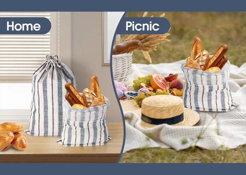 Two images showing striped picnic baskets with bread and fruit, one indoors and one outdoors.