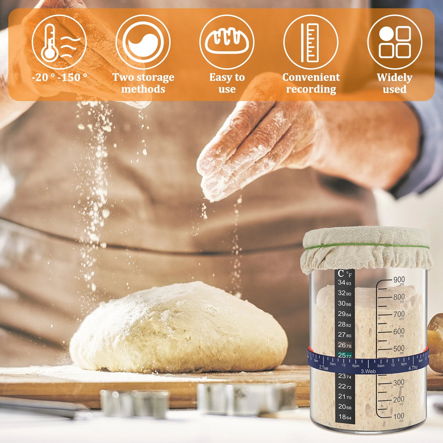 Baker sprinkling flour on dough with a container labeled for temperature and measurement, set against a blurred kitchen background.