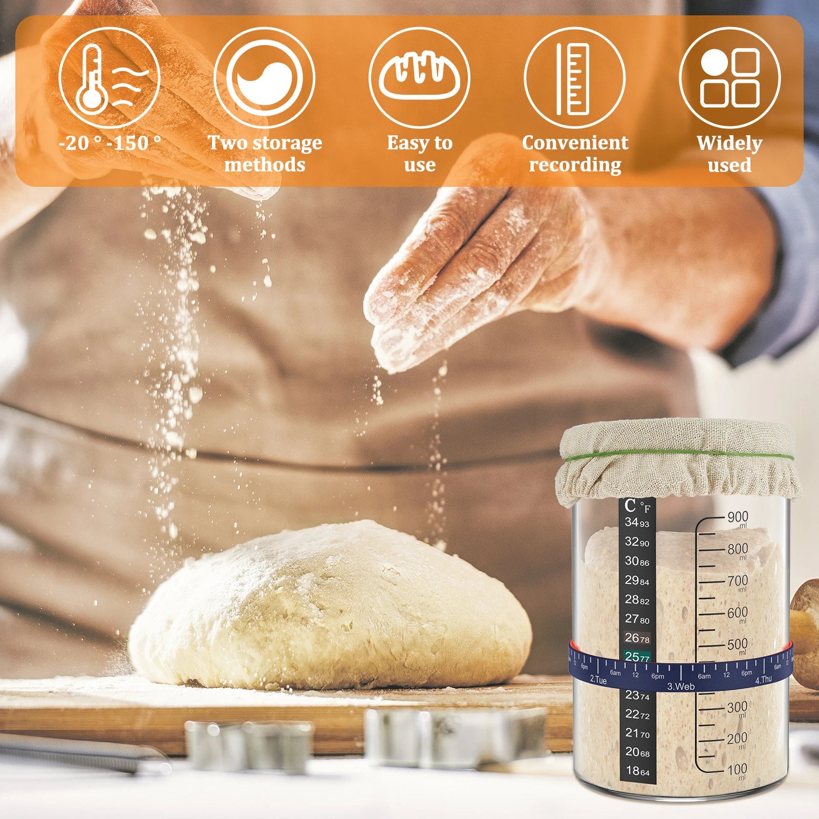 Baker sprinkling flour on dough with a container labeled for temperature and measurement, set against a blurred kitchen background.