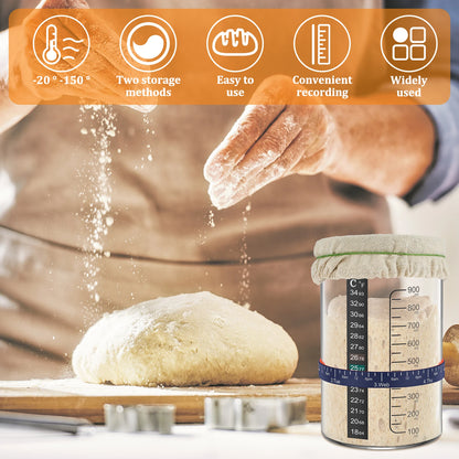 Baker sprinkling flour on dough with a container labeled for temperature and measurement, set against a blurred kitchen background.
