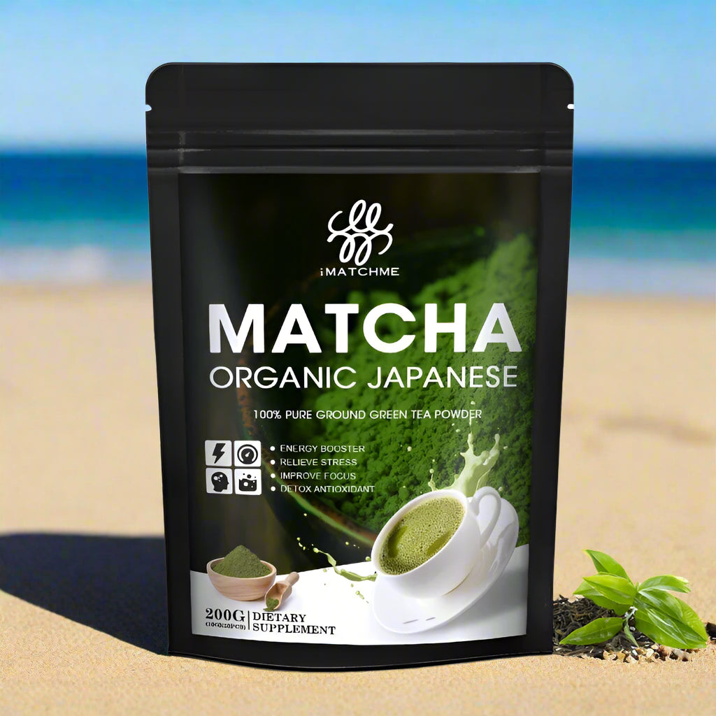 Matcha green tea powder package with branding and product details on a white background