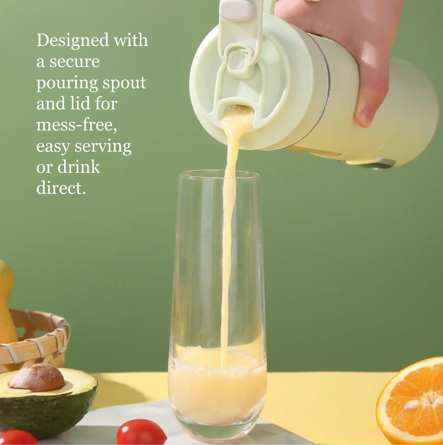 Person pouring a liquid from a container into a glass with text about a secure pouring spout.