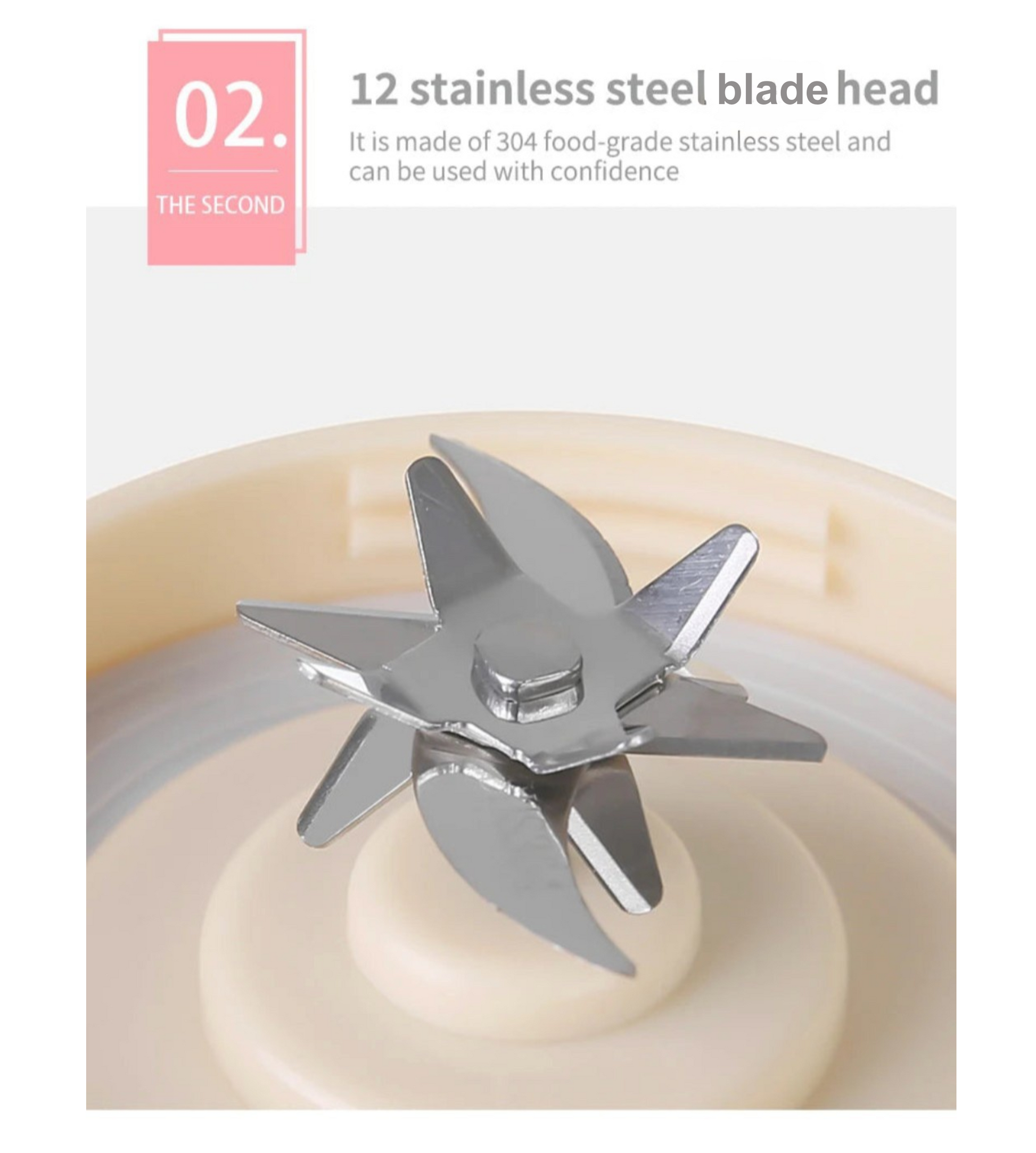 Stainless steel blade head of a blender with text on a white background