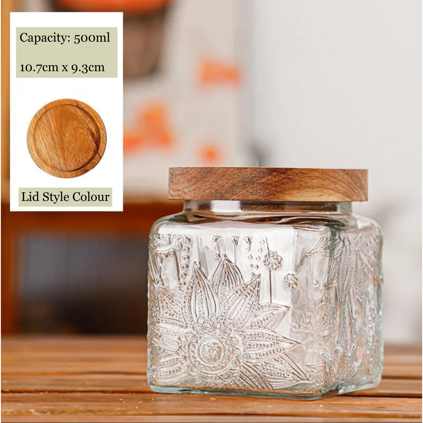 Glass jar with wooden lid on a wooden surface, with product details overlayed.