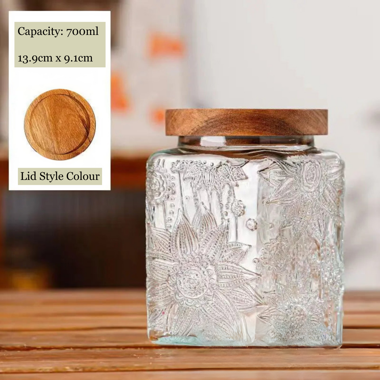 Decorative glass jar with wooden lid on a wooden surface, with product details overlayed.