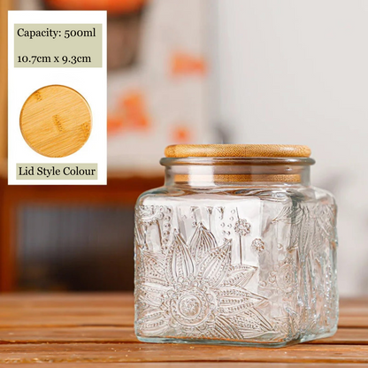 Decorative glass jar with a wooden lid on a wooden surface, with product details overlayed.