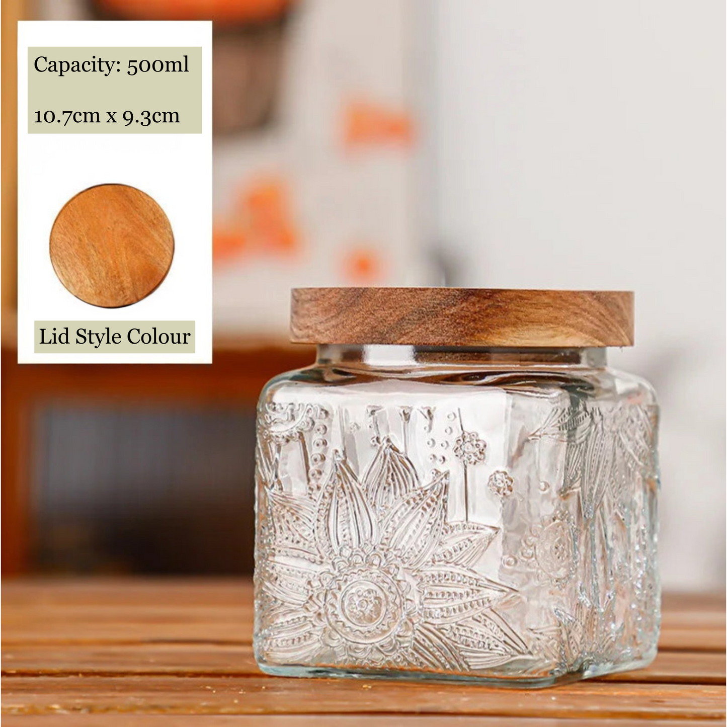 Glass jar with wooden lid on a wooden surface, with product details overlayed.