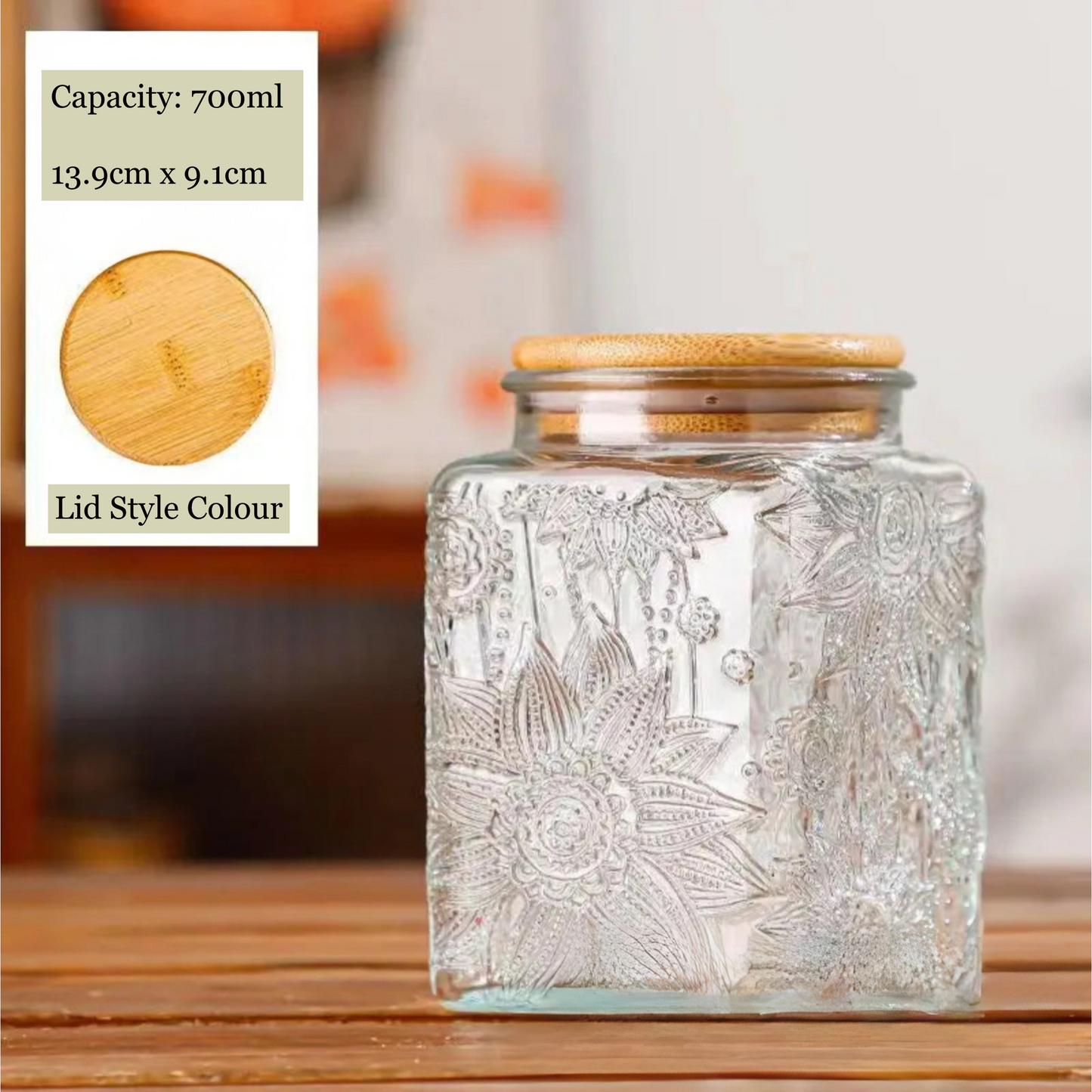 Decorative glass jar with floral patterns on a wooden surface, with product details overlayed.