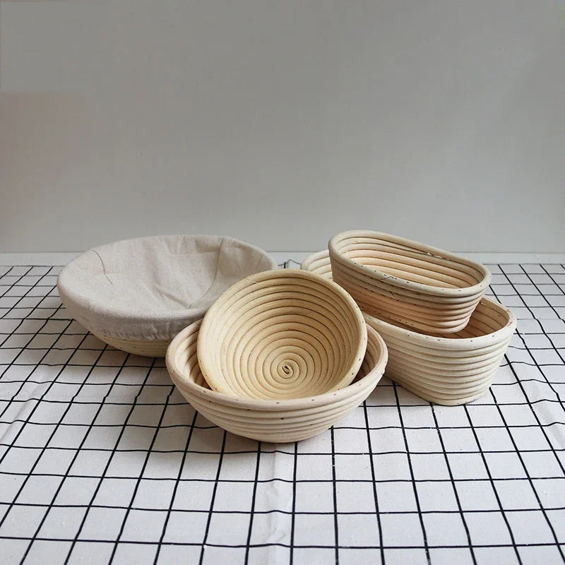 Set of woven baskets on a grid-patterned surface