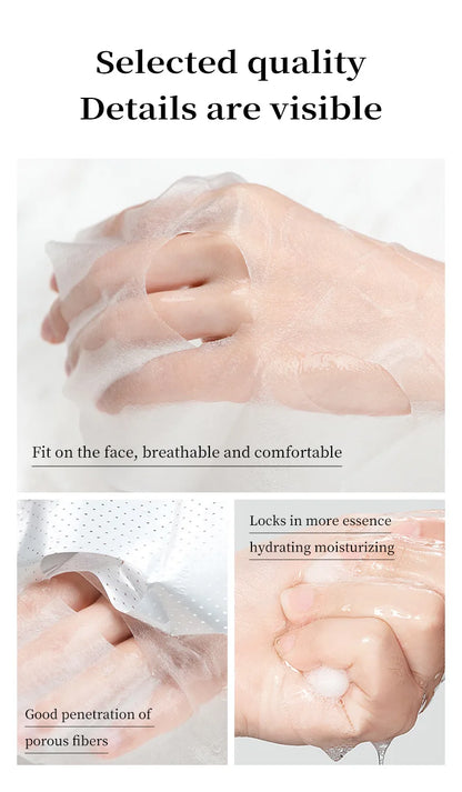 Product demonstration of a face mask with text highlighting its features.