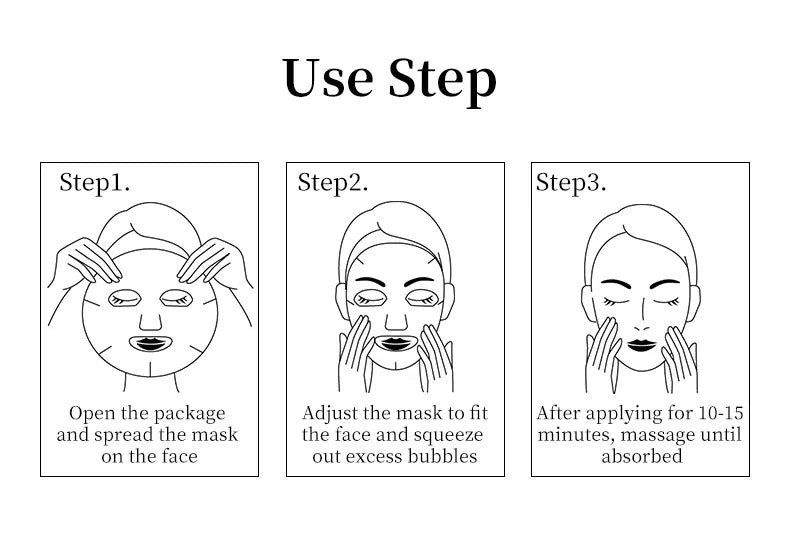 Step-by-step guide on how to use a face mask with illustrations and text.