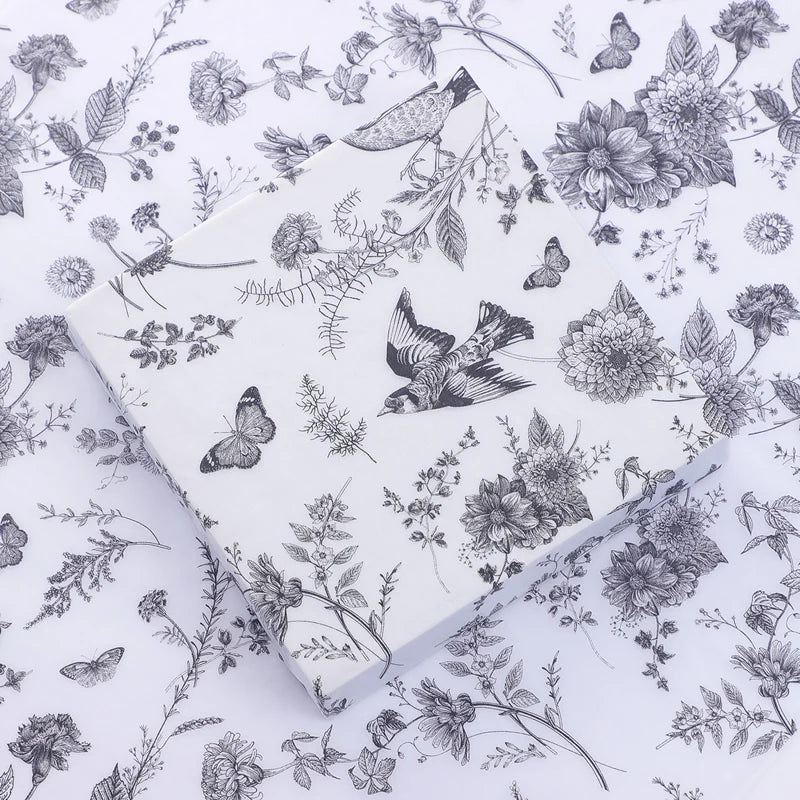 Floral and bird pattern on a white background
