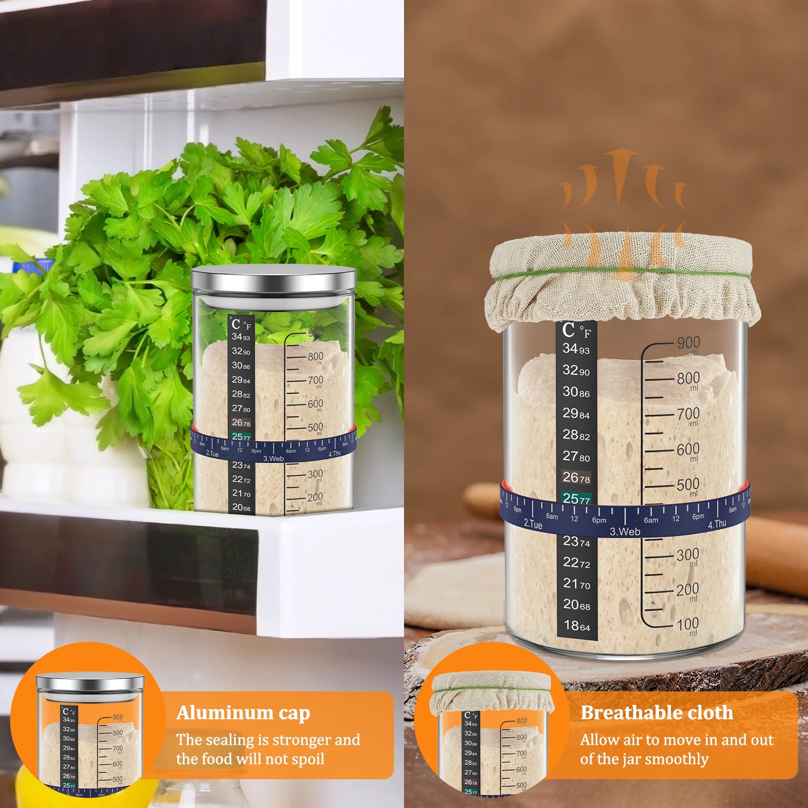 Collage of a jar with a temperature gauge, surrounded by green herbs and bread, with text about aluminum cap and breathable cloth.