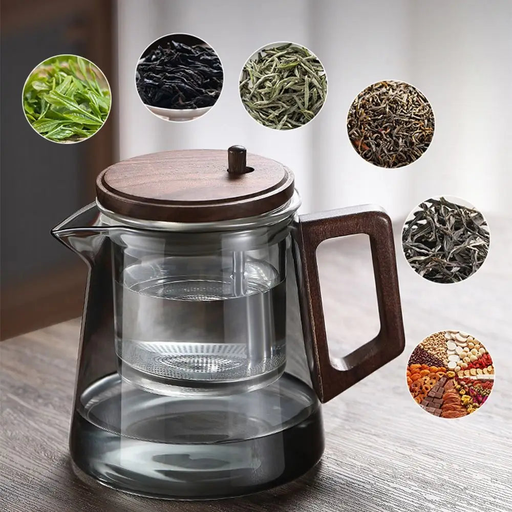 Clear glass teapot with wooden lid and handle on a light wooden surface, surrounded by images of different types of tea leaves.