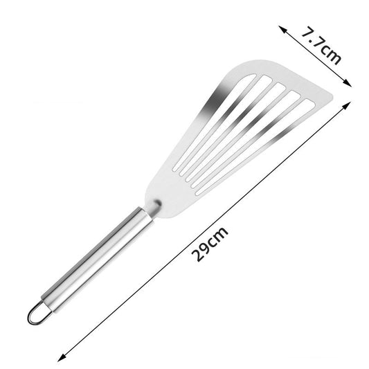 White slotted spatula with measurements on a white background