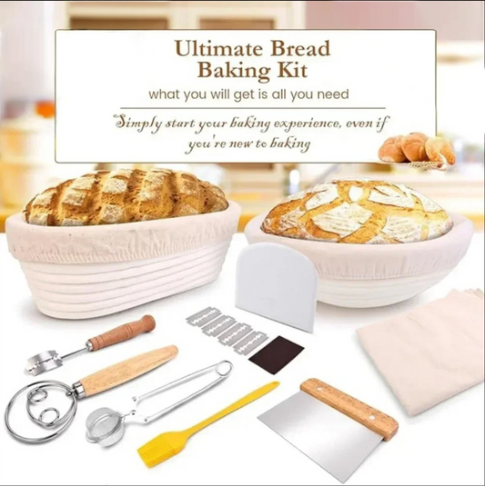 Artisan bread baking kit with banneton proofing basket, sourdough tools, and freshly baked loaves arranged on a light neutral background